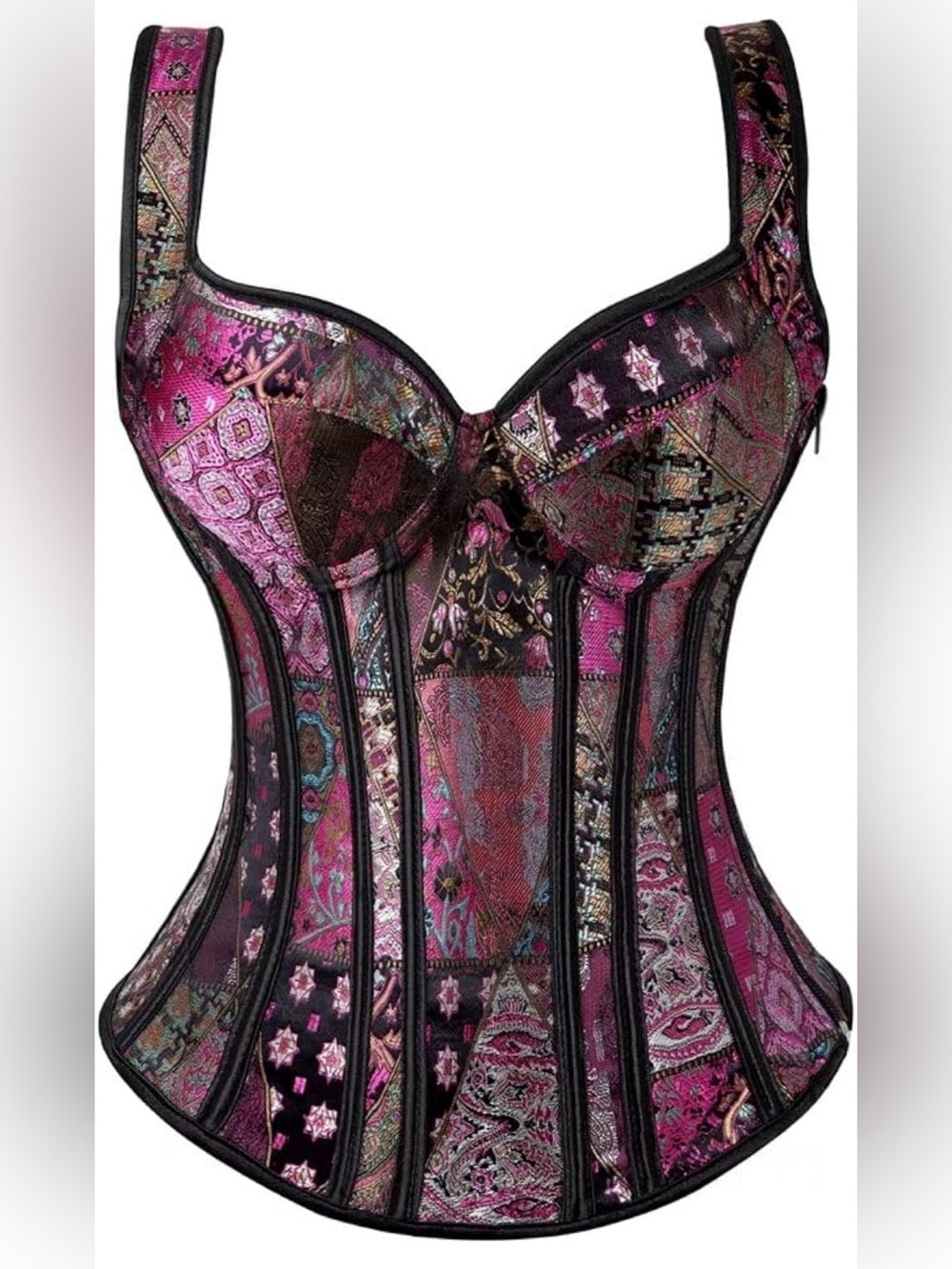 NWT KimRing Victorian Steampunk Overbust Corset Top, Pink Patchwork,faux leather